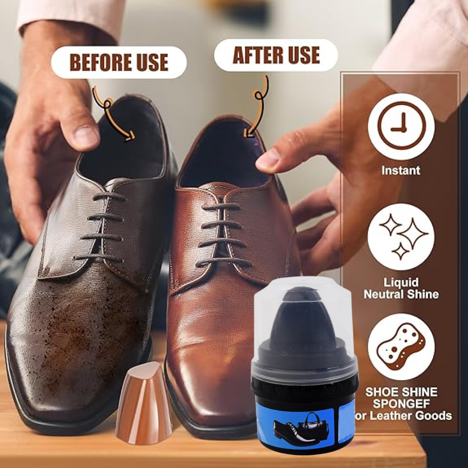 Leather shoes polished using instant shoe shine sponge for restored shine