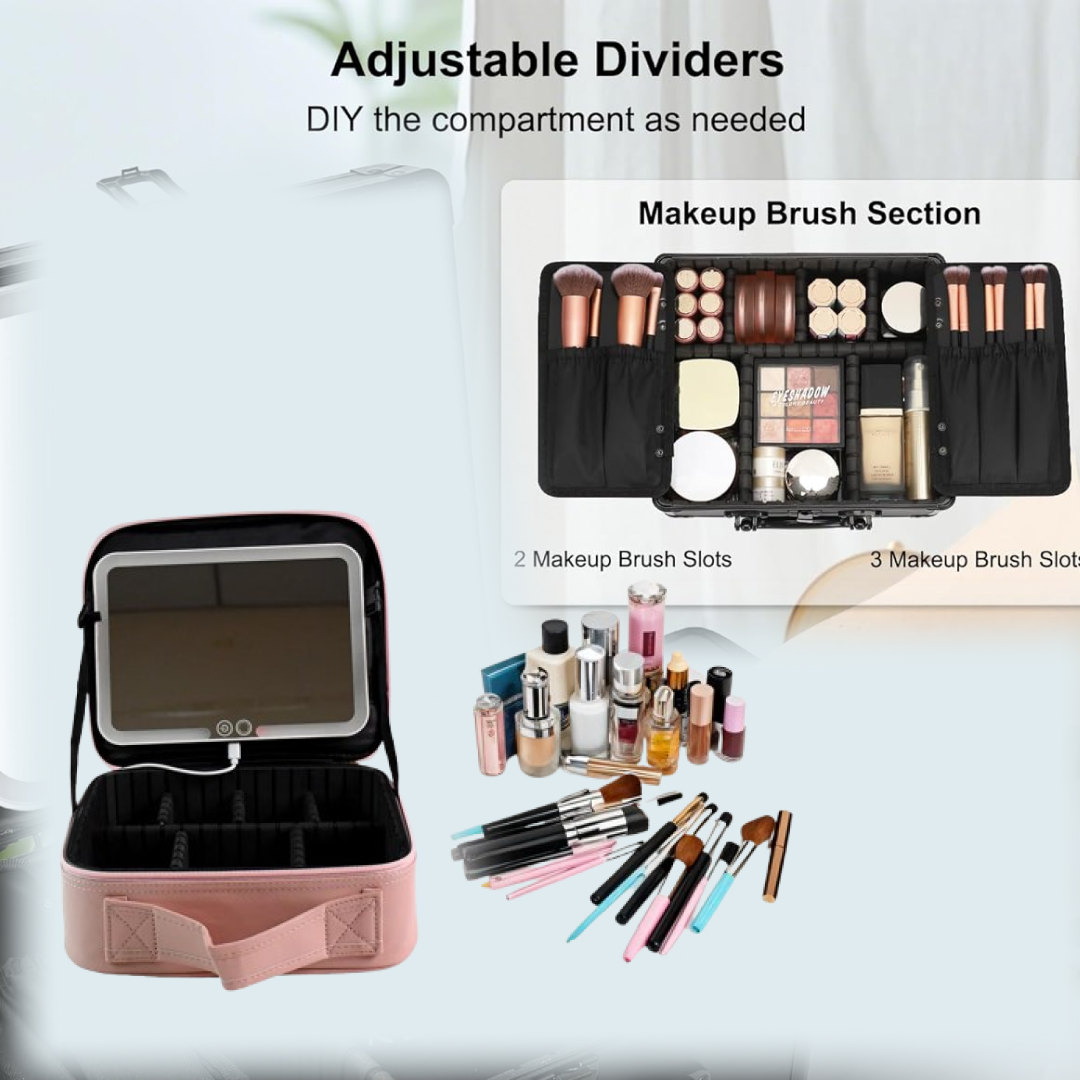Open makeup organizer showing adjustable storage compartments and illuminated LED mirror