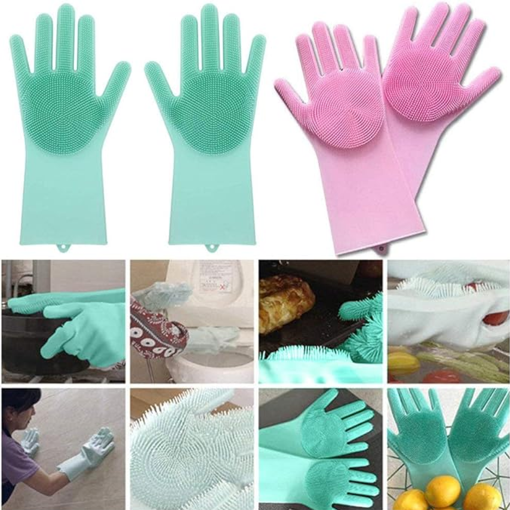 Close-up of the scrubber side of a multicolor silicone cleaning glove.