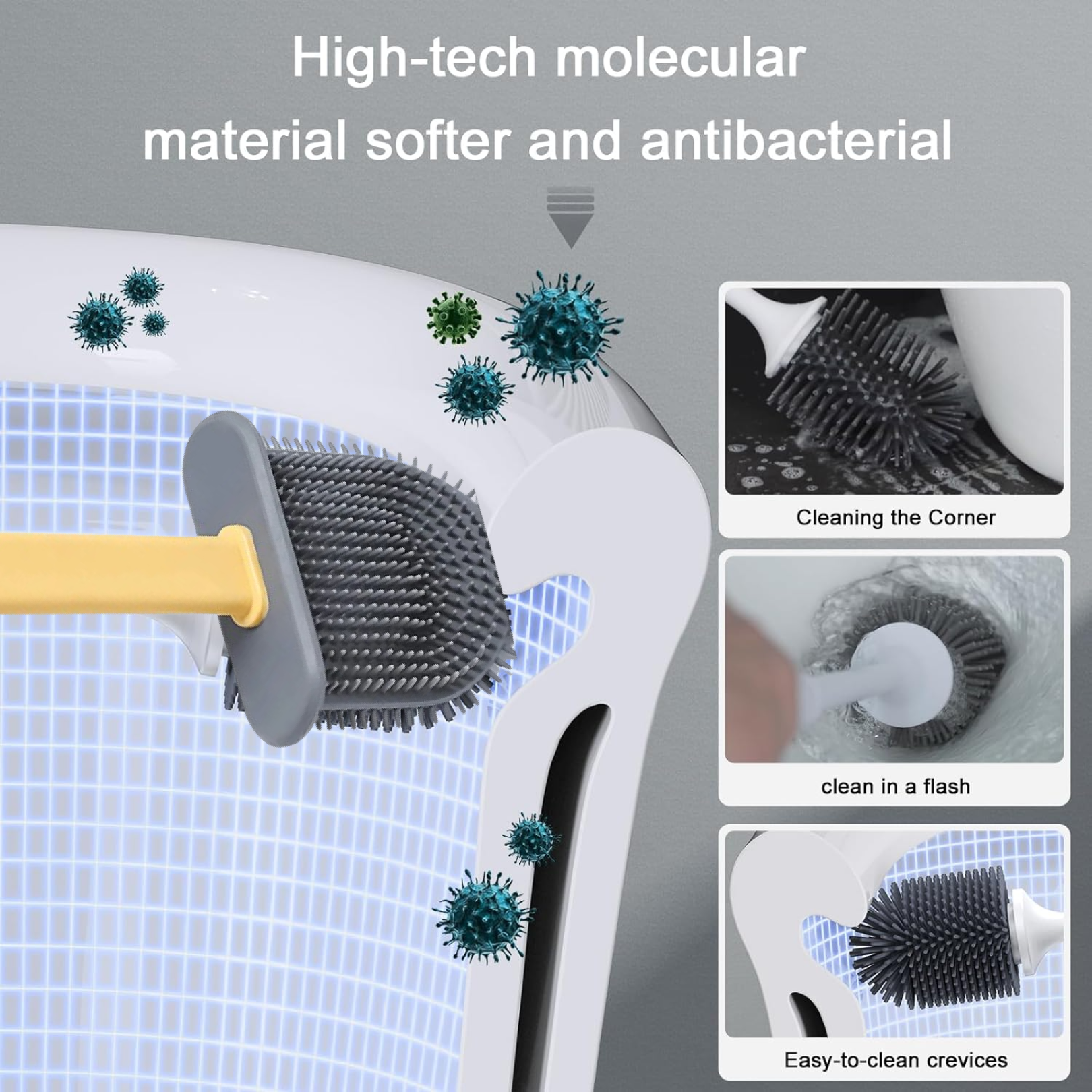 Close-up of the flexible soft silicone bristles designed for thorough toilet cleaning.