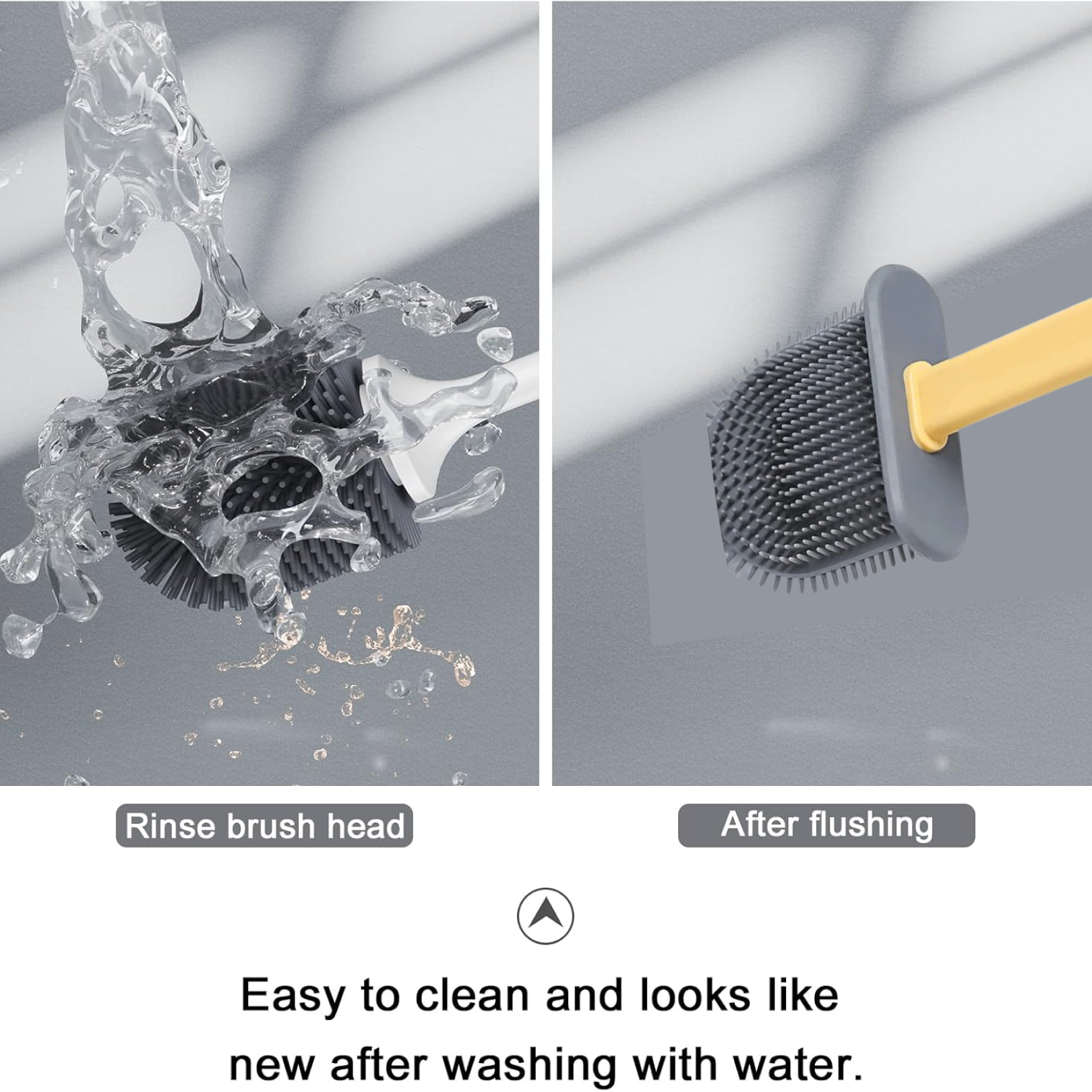 Side view of the ergonomic handle on the silicone toilet brush for comfortable grip.