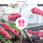 Person wearing a silicone cleaning glove, effectively washing dishes.