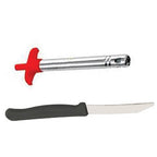 The sharp kitchen knife making a clean cut through a vegetable.