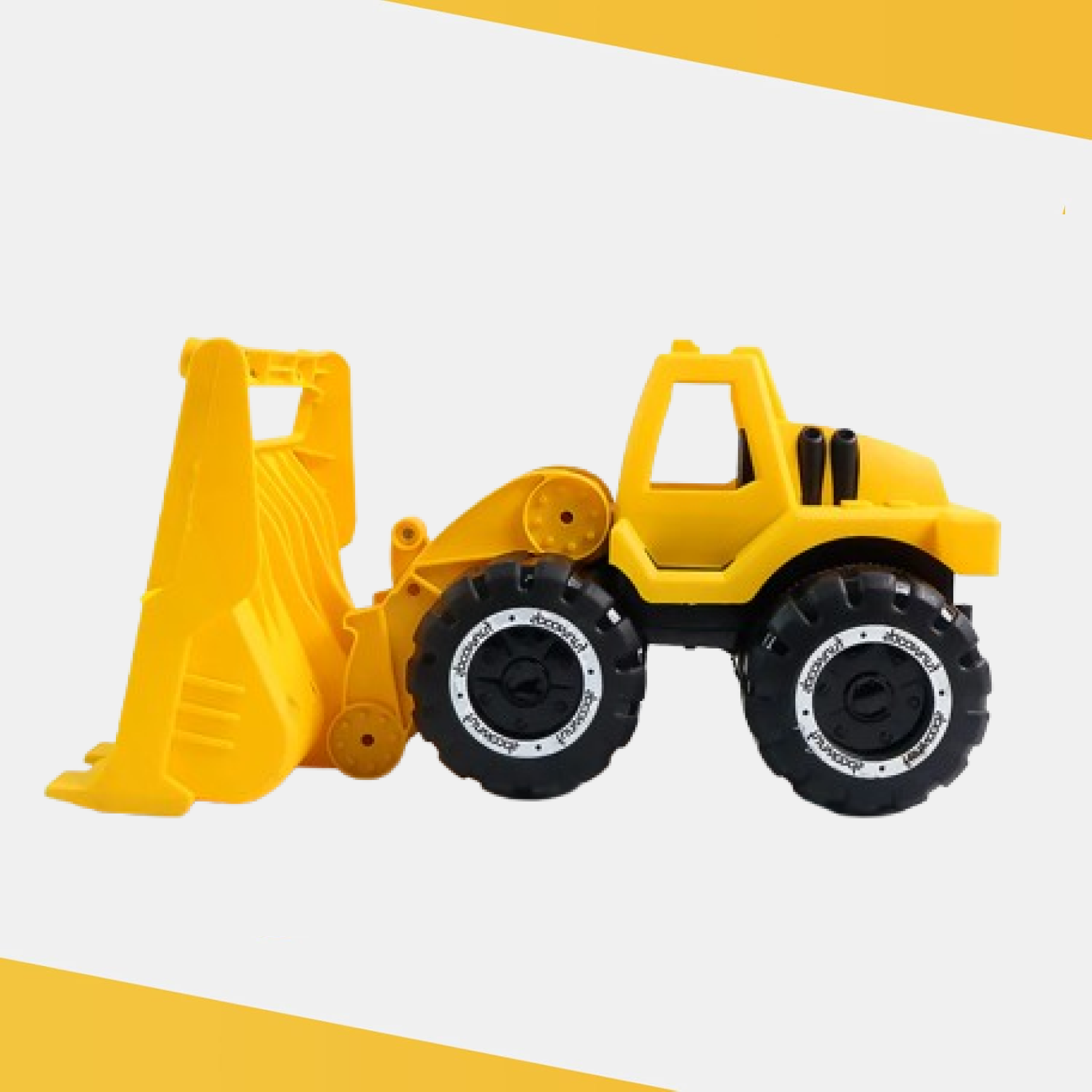 Close-up of treaded tyres on bulldozer toy
