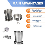 Extended collapsible stainless steel camping cup, ideal for hiking.