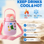 Front view of vacuum insulated water bottle with personalized stickers