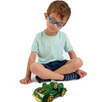 Side profile of friction-powered vintage toy car for kids
