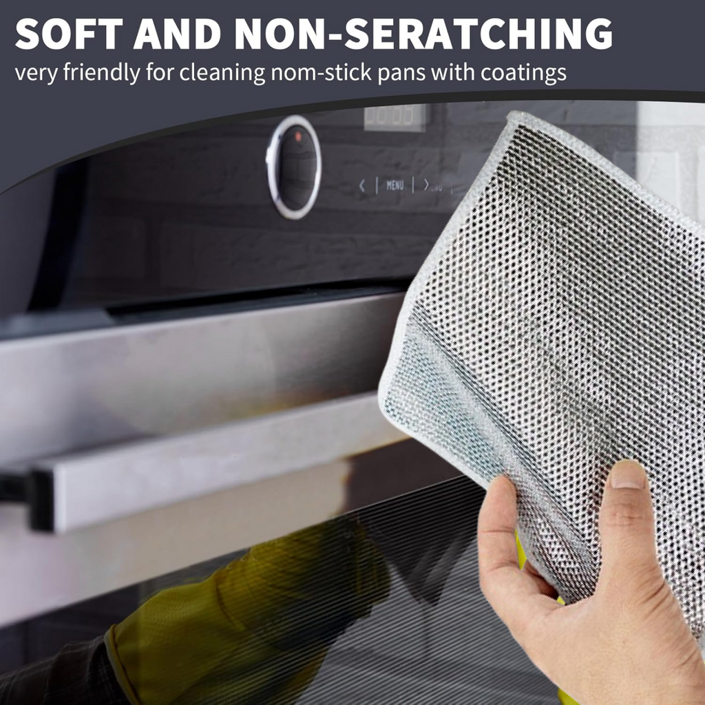 Microfiber scrubber cloth in action on a kitchen countertop, showing its versatility.