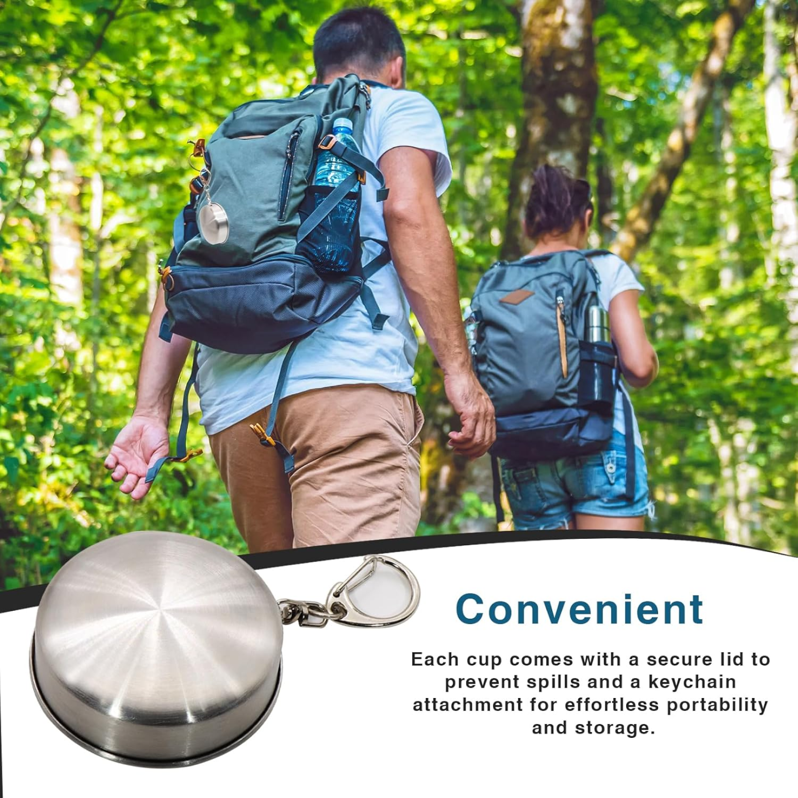 Stainless steel folding camping cup laid out with outdoor equipment.