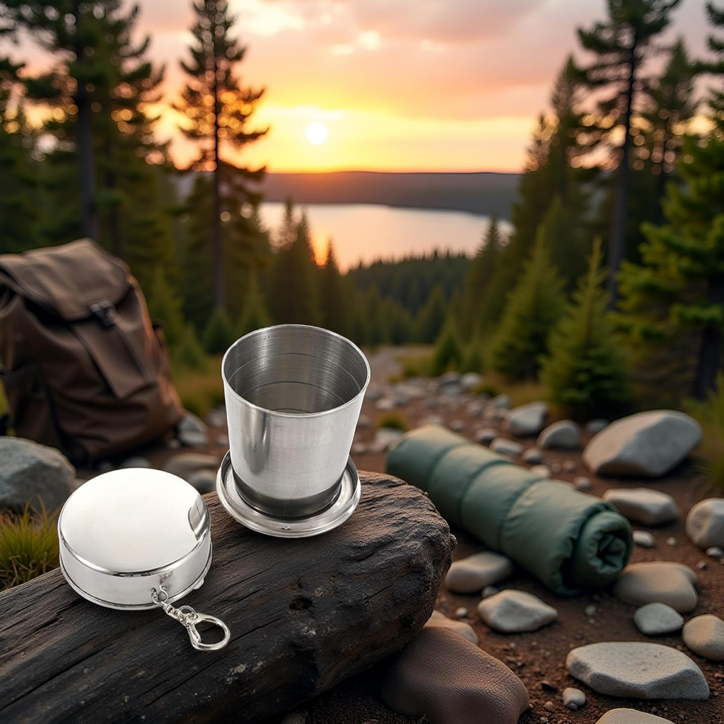 Hot beverage in stainless steel camping cup outdoors with lid.