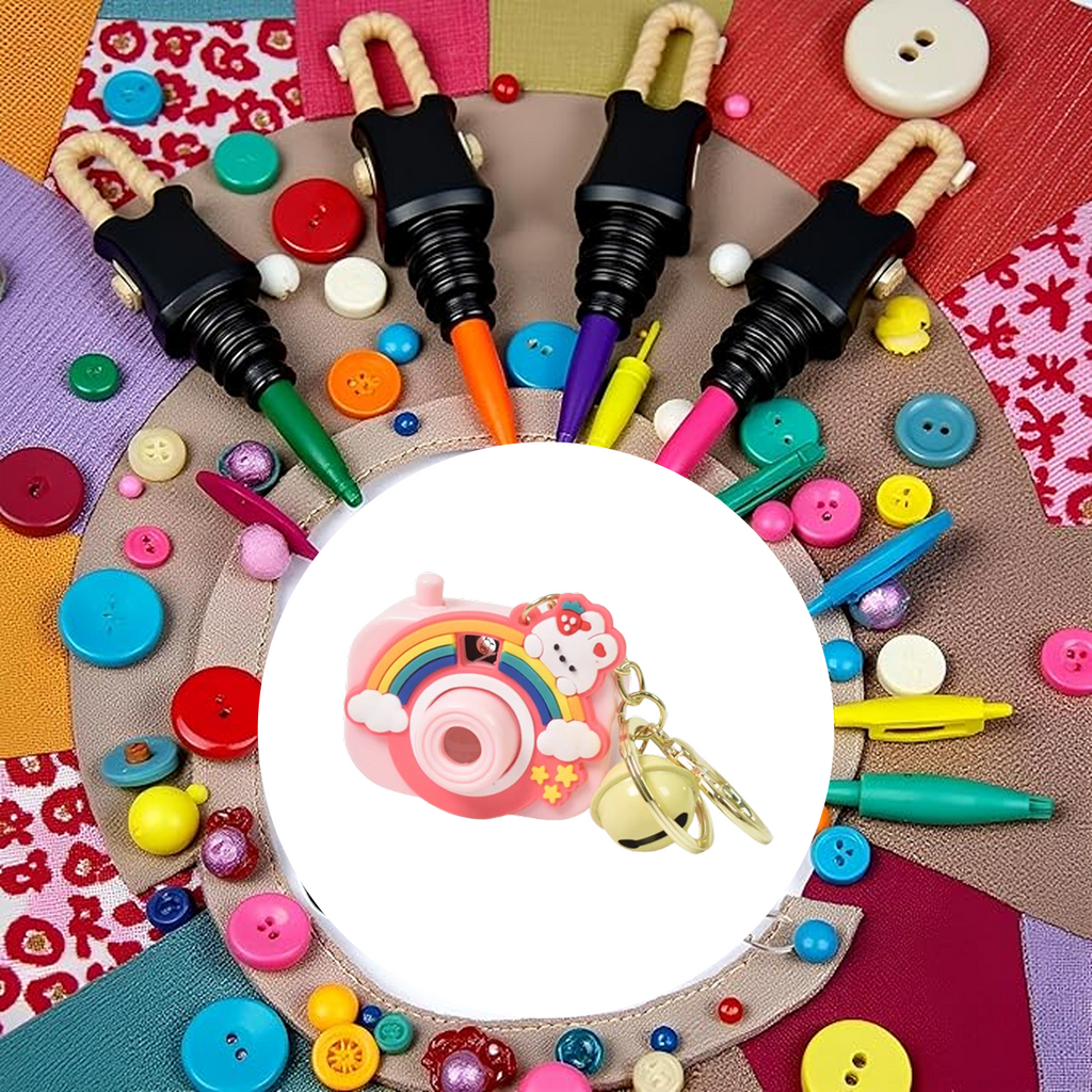 Top view of projective camera keychain showing colorful enamel design