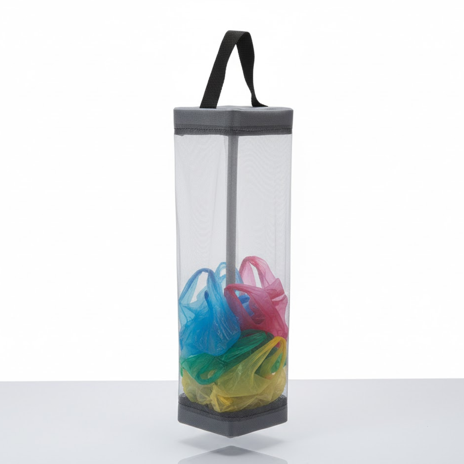 Front view of the Tidy Table Hanging Waste Bag Holder made from durable mesh.