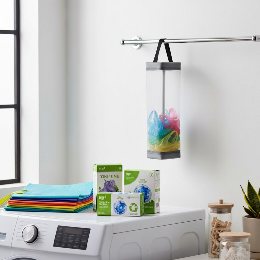 Transparent design of the hanging bag holder clearly showing plastic bags stored inside.