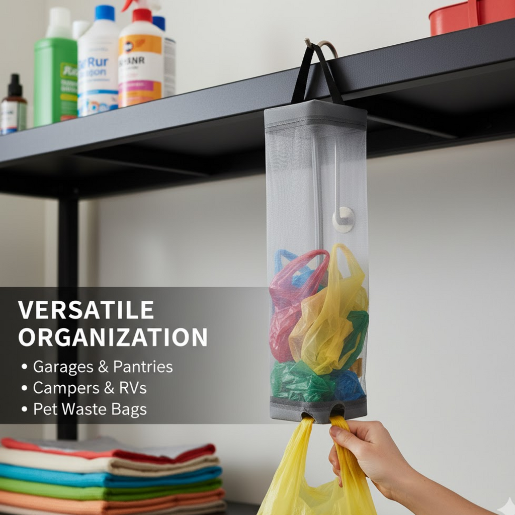 Hanging waste bag holder conveniently placed in a modern kitchen setting.