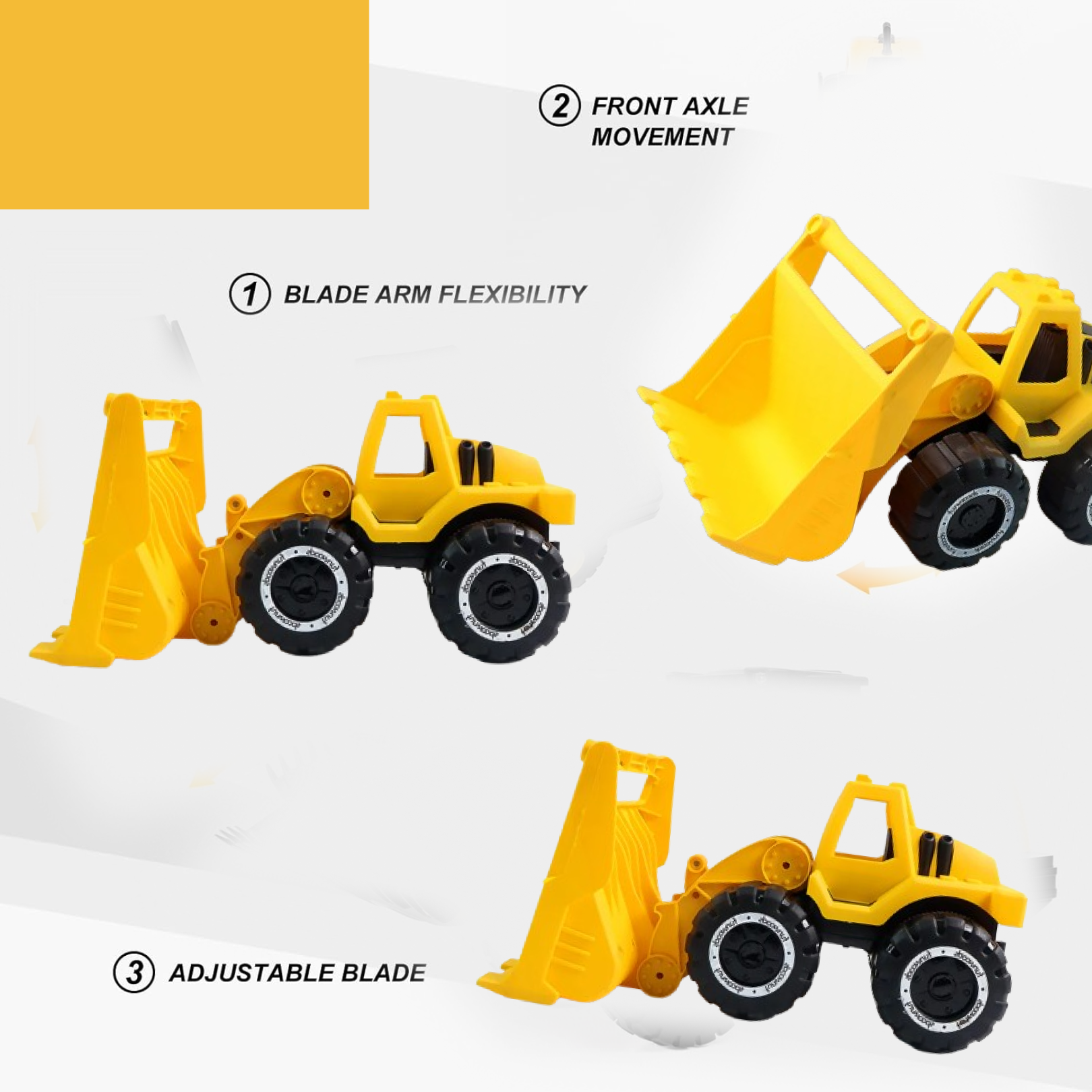 Front view of Funwoods bulldozer toy with movable front bucket