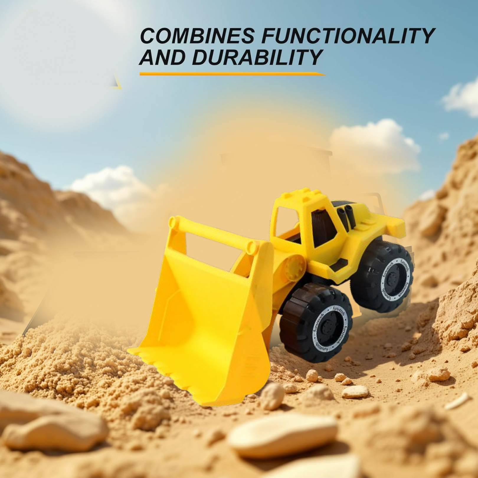 Side angle of Funwoods friction-powered front loader toy