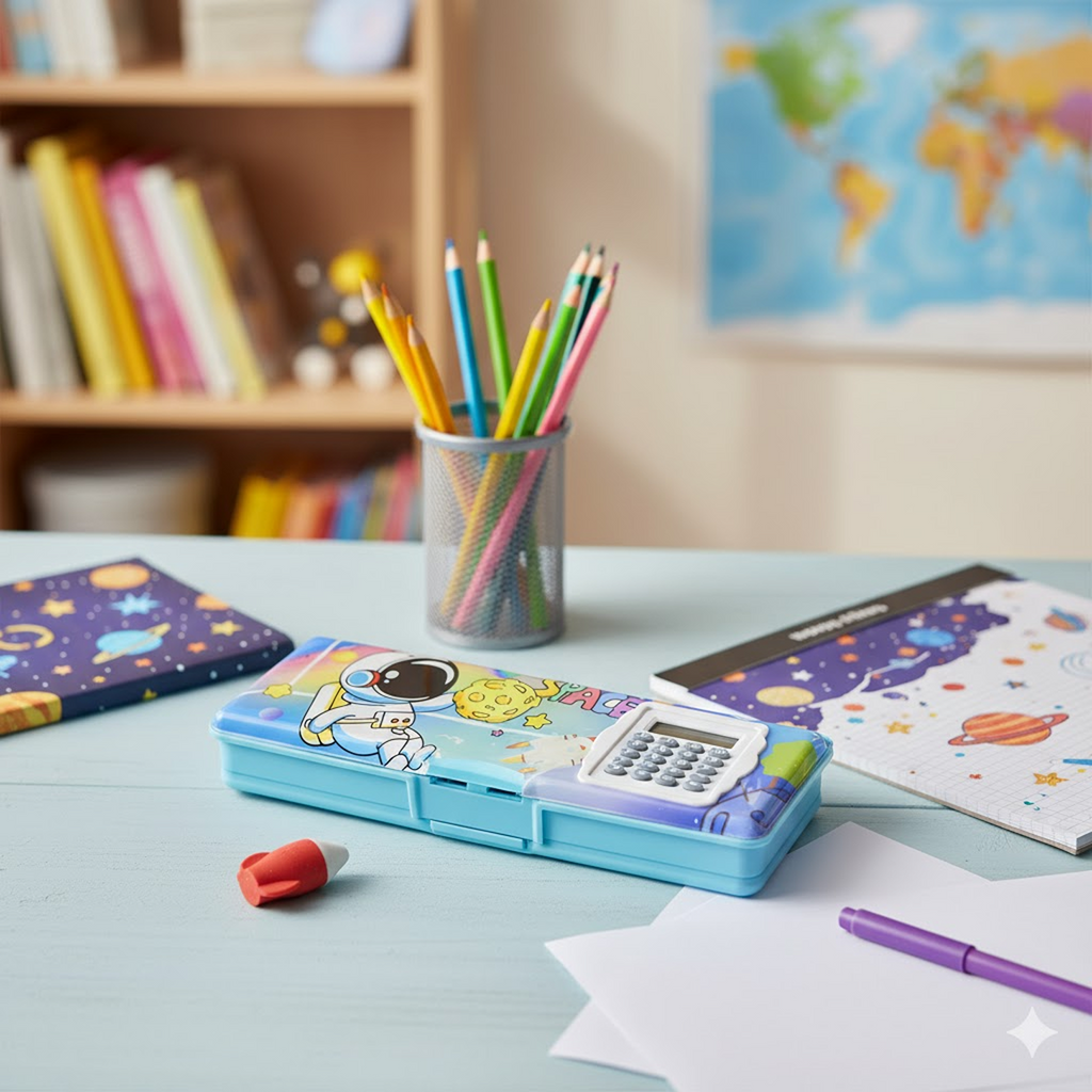 Open magnetic pencil box revealing an integrated calculator and geometry tools.