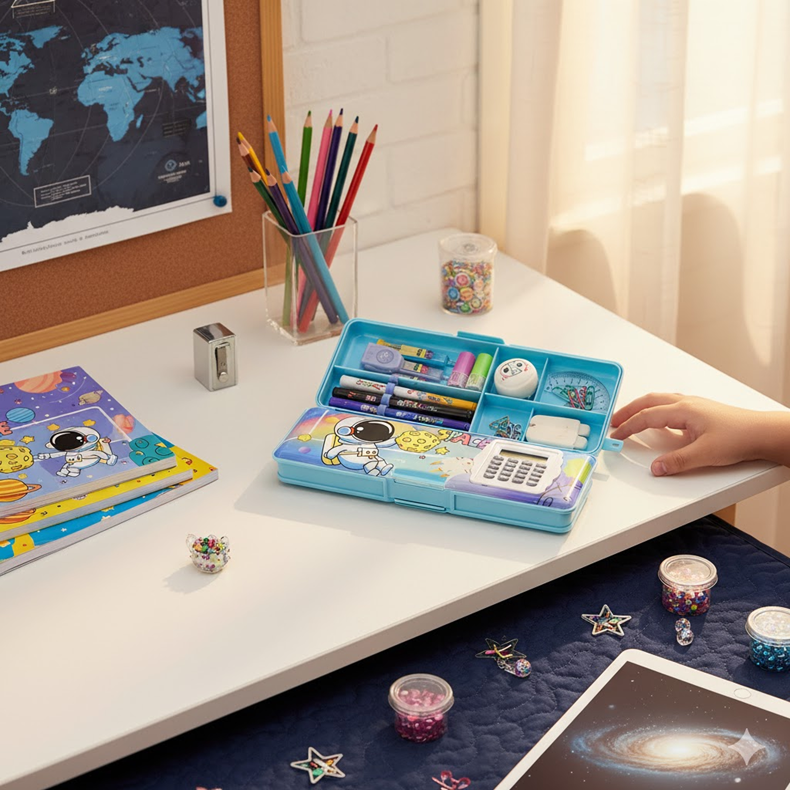 Magnetic double-sided pencil box opened to display its compartments and calculator.