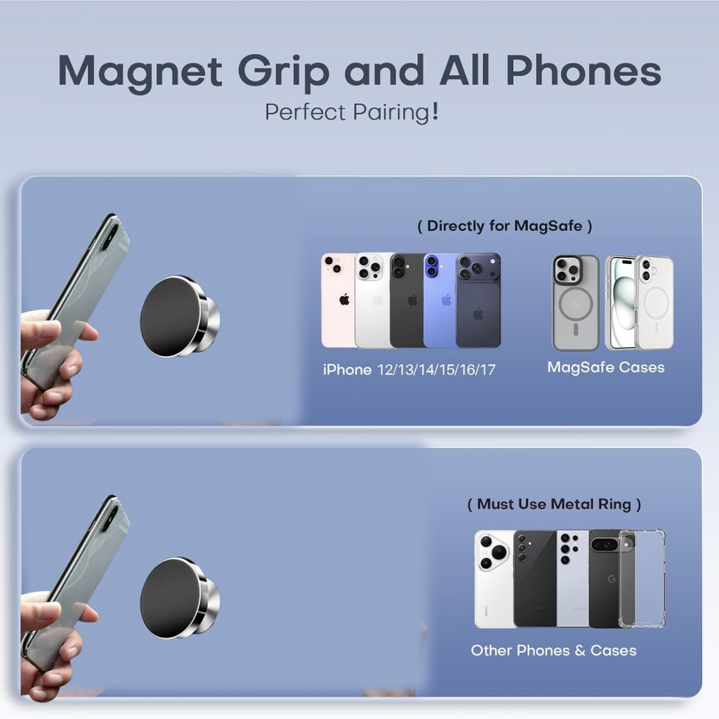 Compact magnetic phone holder placed on office desk holding smartphone