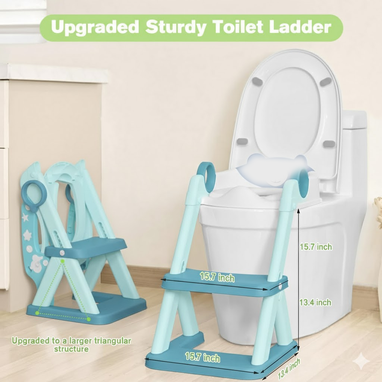 Adjustable height mechanism of the potty training seat for various toilet sizes.