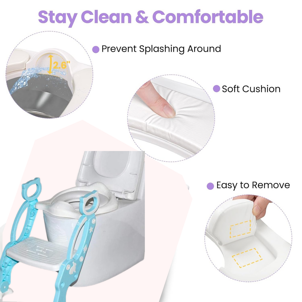 Toddler's step stool potty with a close-up of the non-slip wide step.