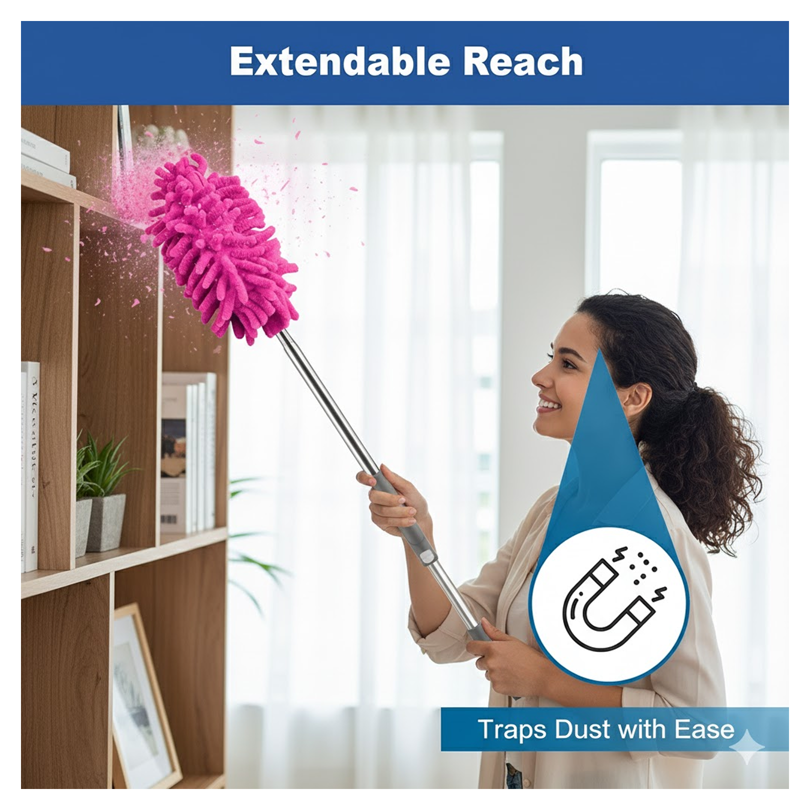 Person using the long reach duster for high ceiling cleaning