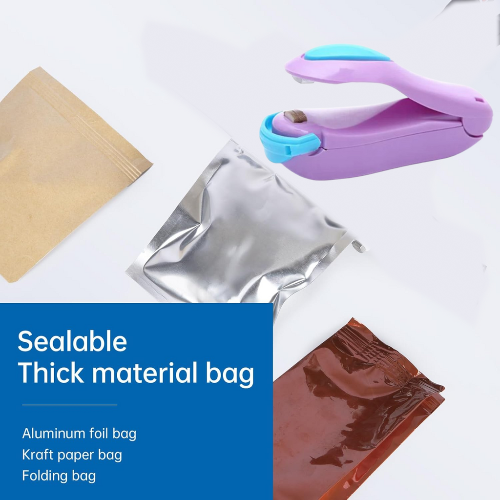 User demonstrating the mini heat sealer creating an airtight seal on a snack bag.