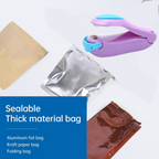 User demonstrating the mini heat sealer creating an airtight seal on a snack bag.