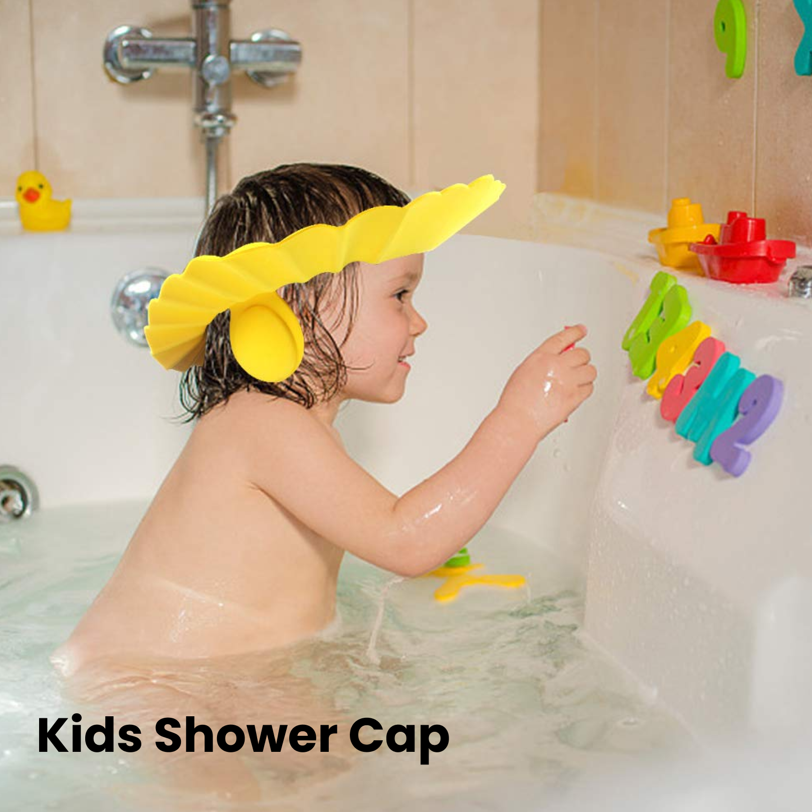 Front view of a flexible baby shower cap in blue, ready for bath time.