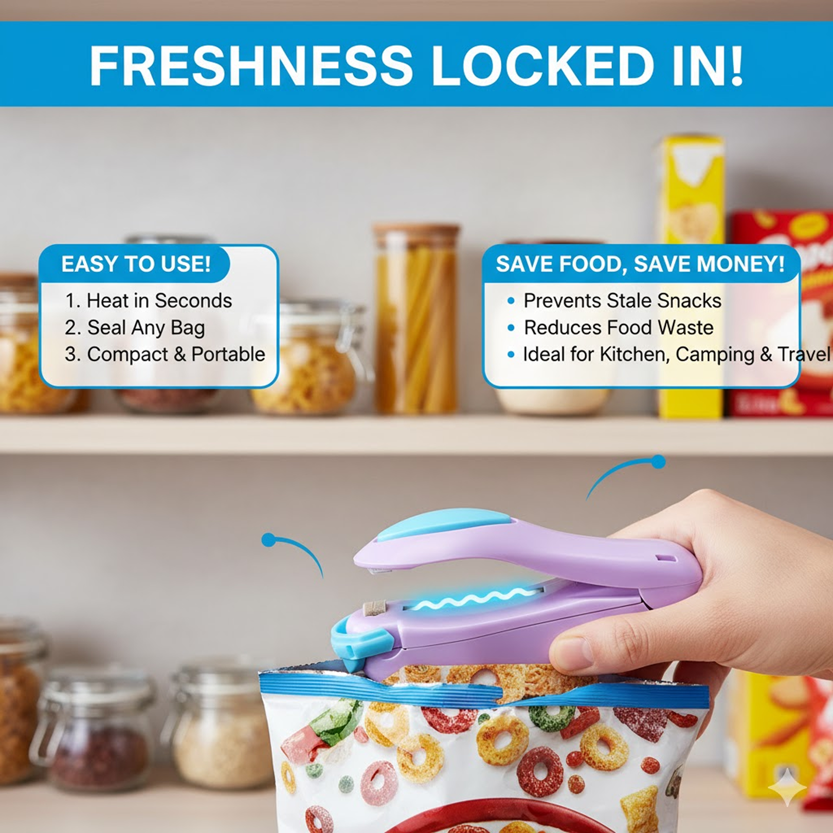 Infographic highlighting key features and benefits of the mini food bag sealer.