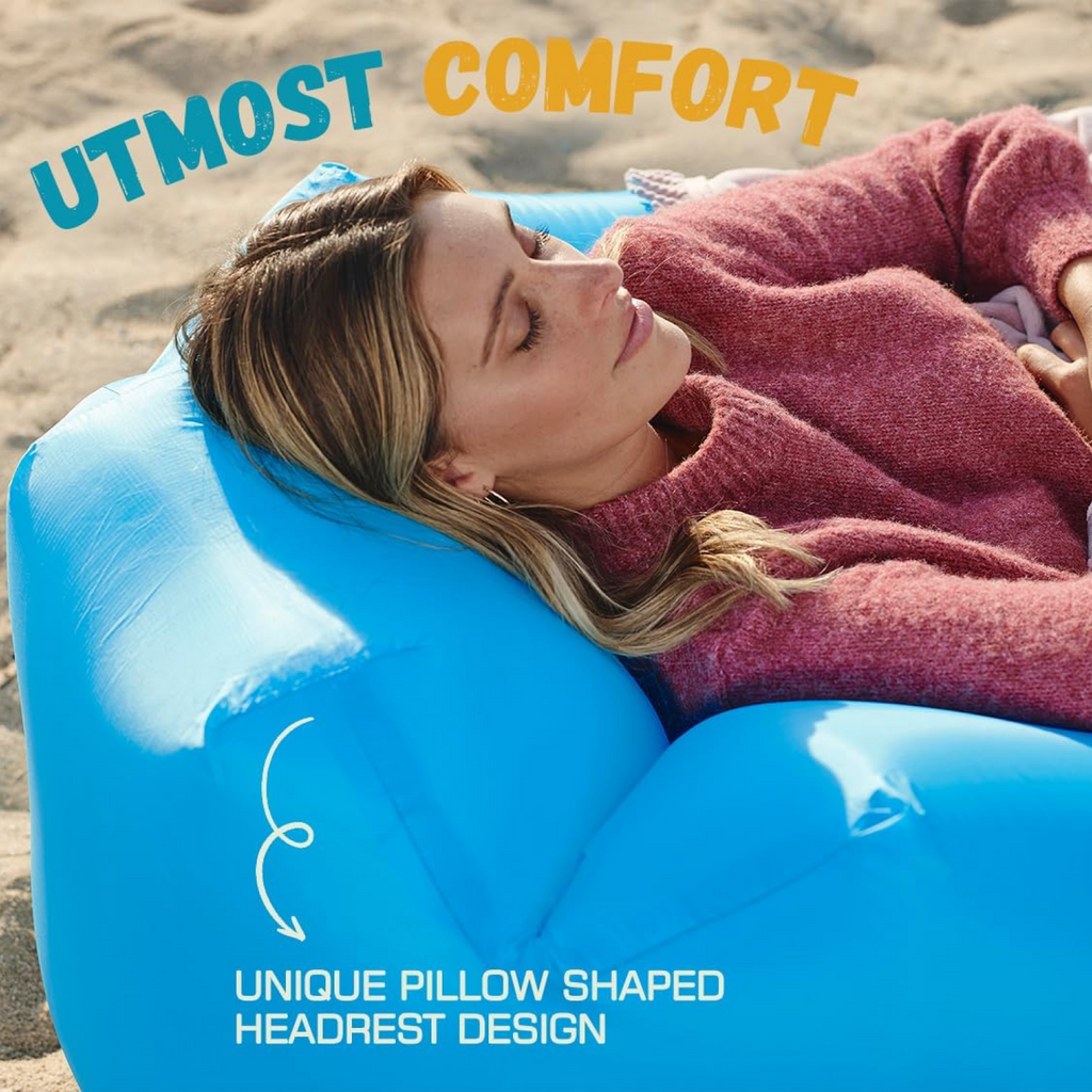 Compact size of the packed Trekola portable lounger next to a person for scale.