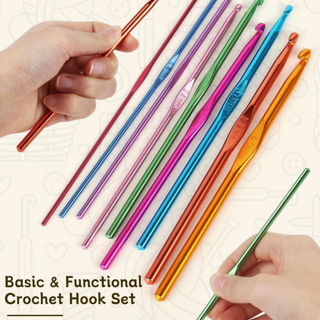 A close view of a single, smooth-tipped aluminium crochet hook.