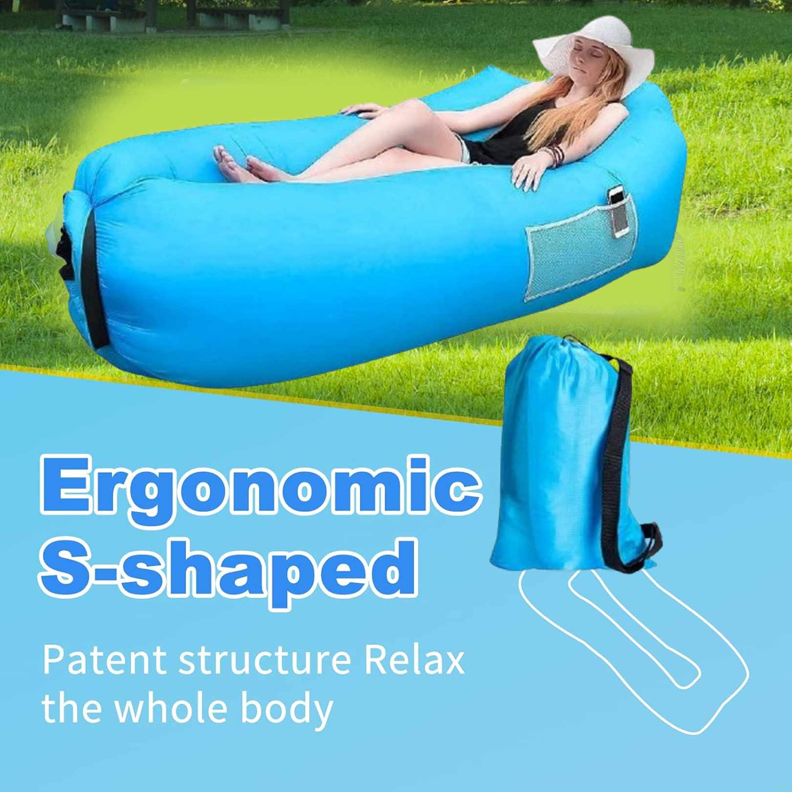 Trekola inflatable lounger neatly packed in its carry bag, ready for travel.