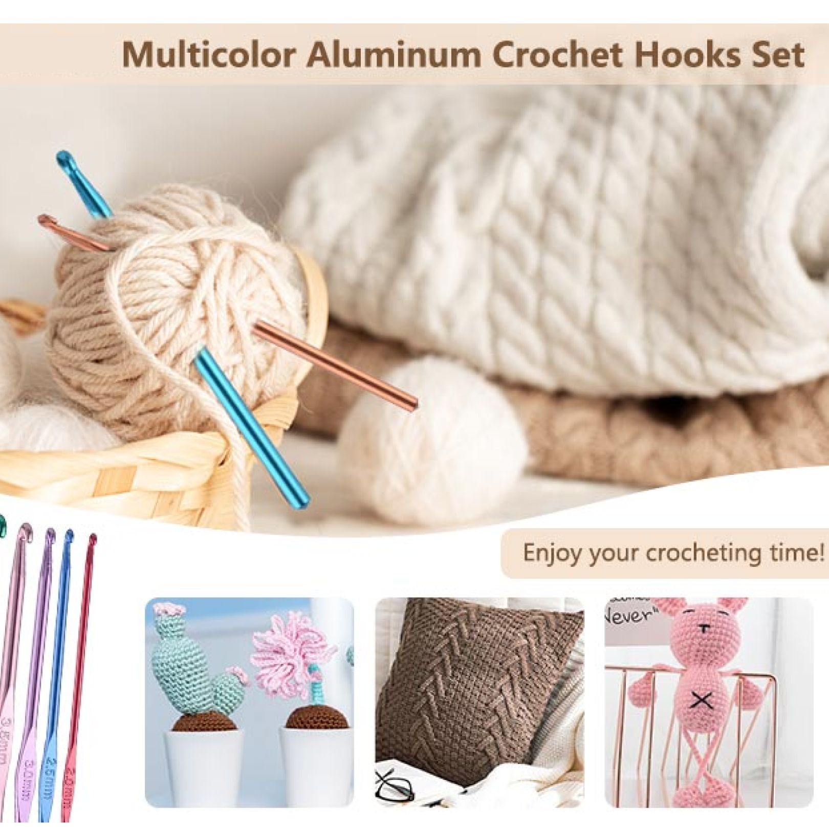Individual aluminium crochet hook in a bright color, ready for use.