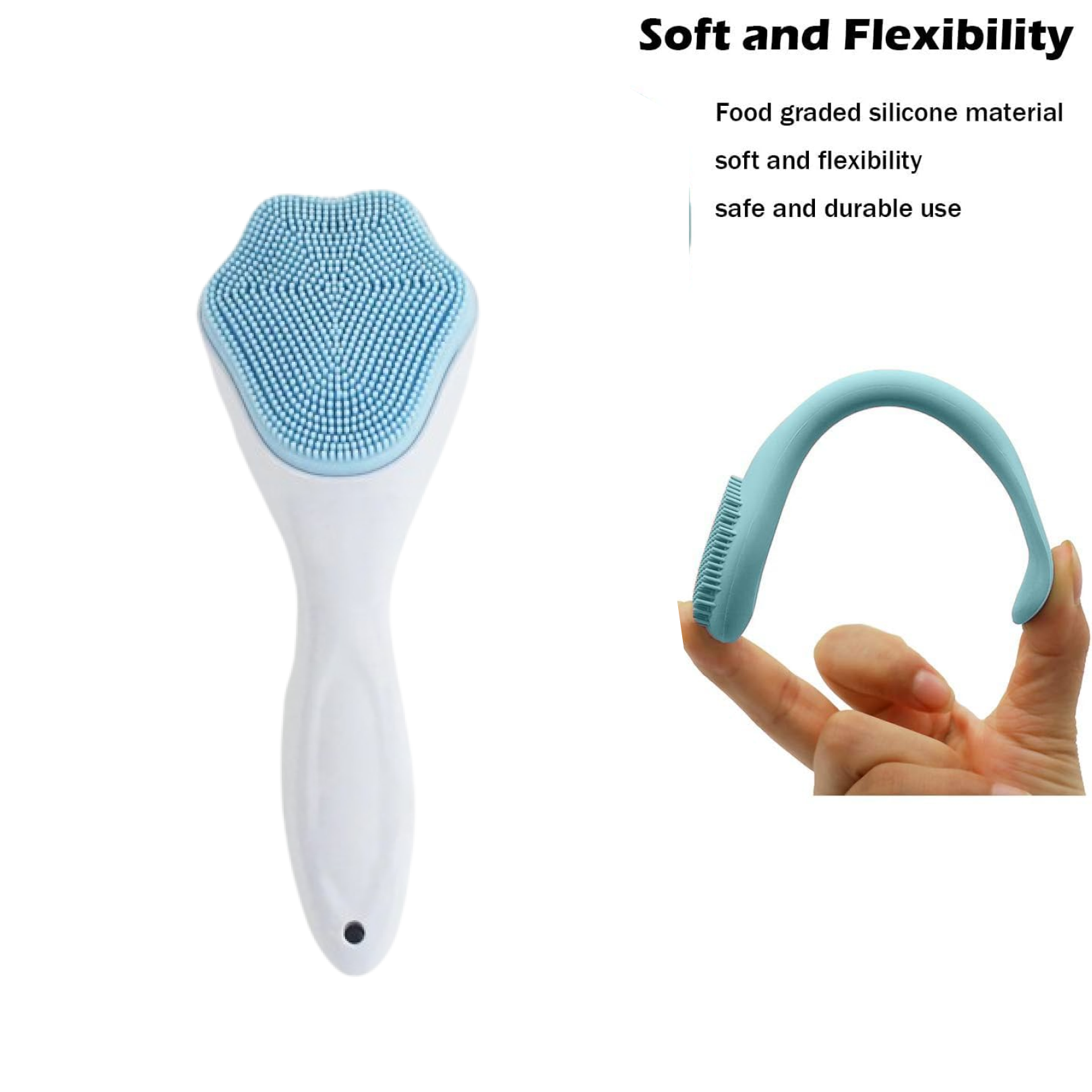 Infographic detailing the soft bristles and unique handle of the silicone face scrubber.