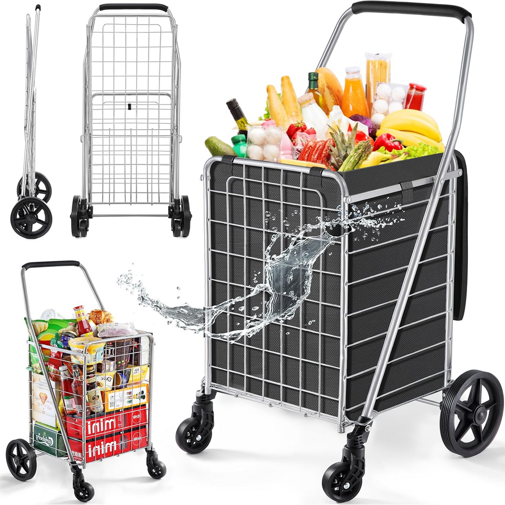 Front view of Organivo foldable shopping trolley showing dual swivel wheels