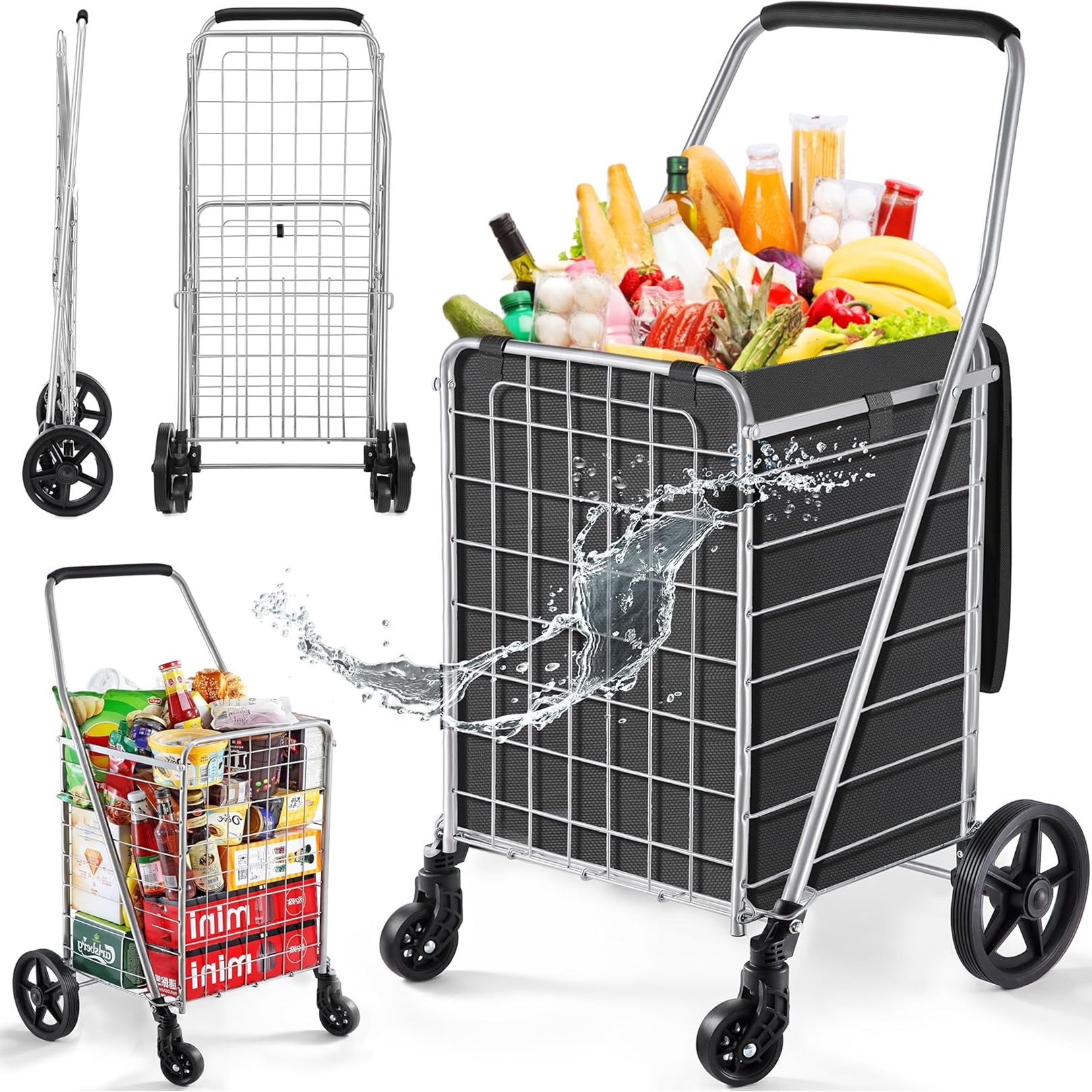 Front view of Organivo foldable shopping trolley showing dual swivel wheels