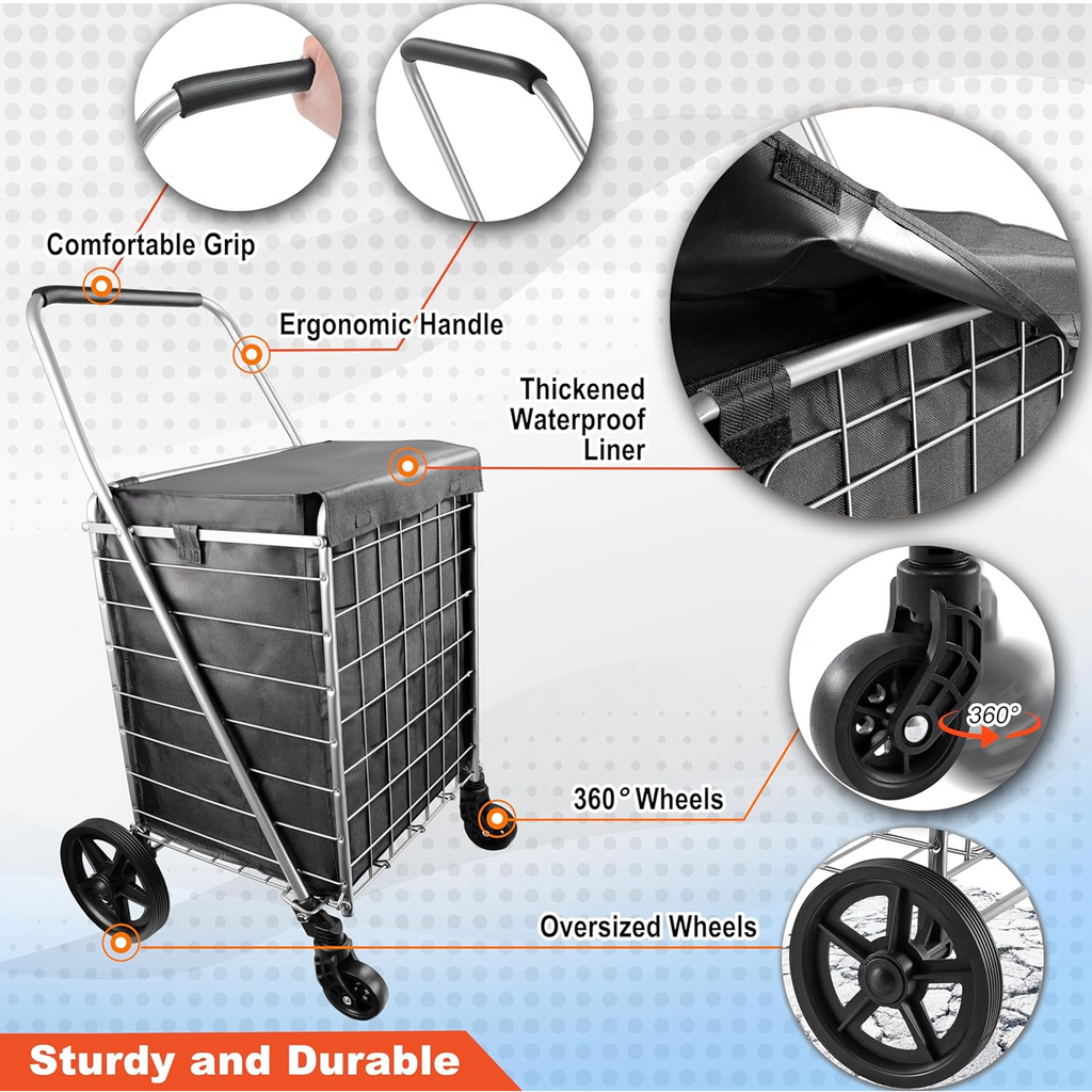 Foldable shopping cart side view demonstrating compact foldable design