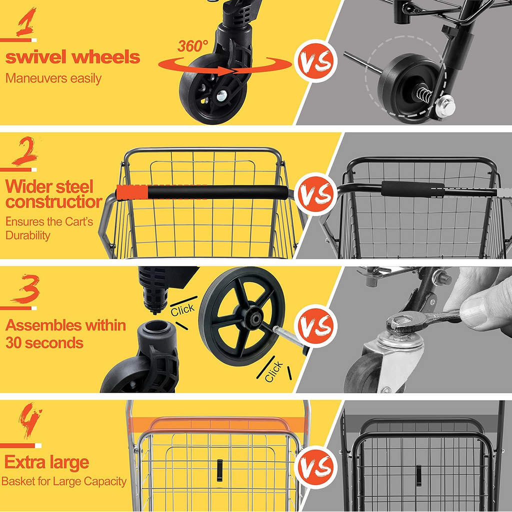 Close-up of foldable shopping cart’s wheels and strong iron frame