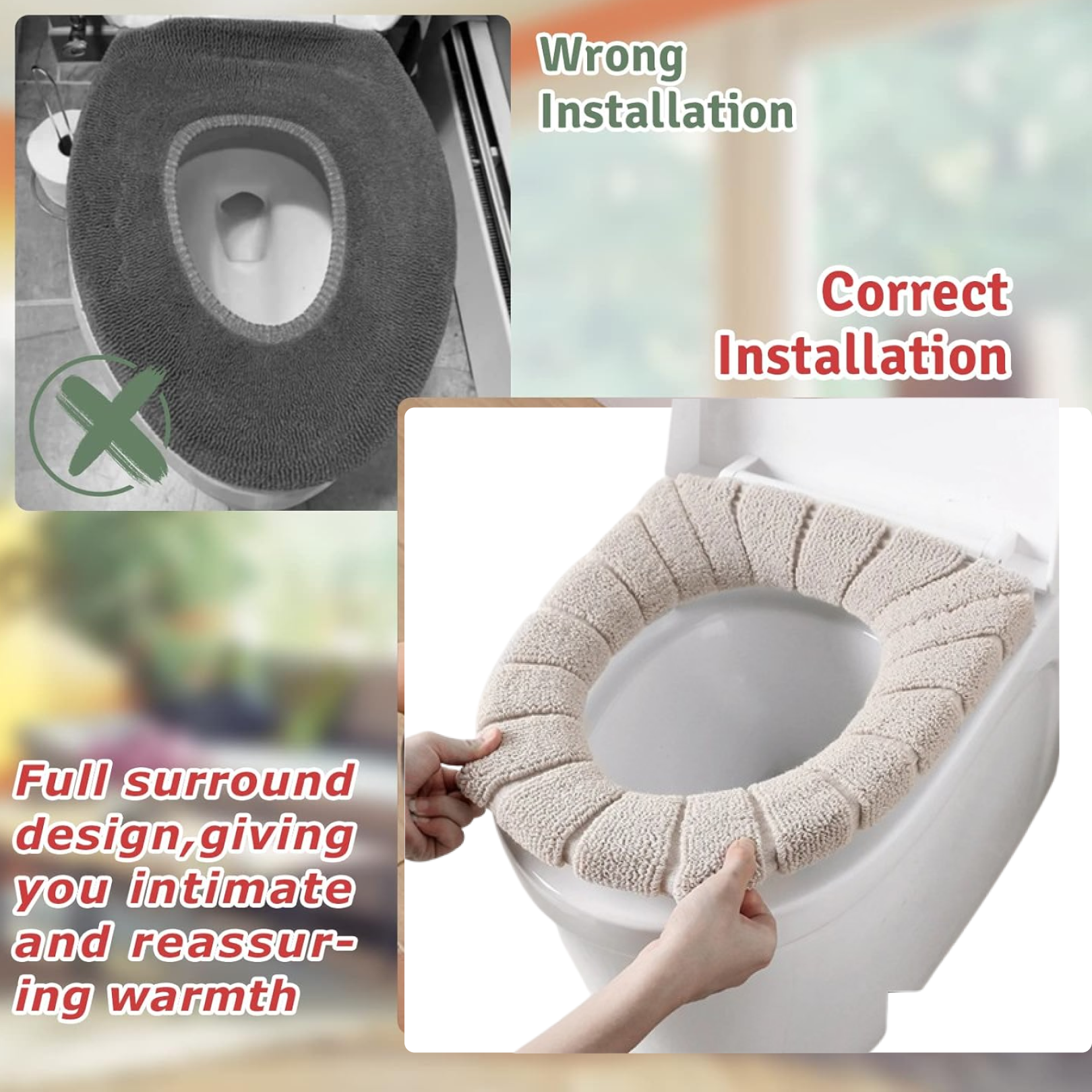 Demonstration of the stretchable design, ensuring a universal and easy fit for the Toilet Seat Cover.