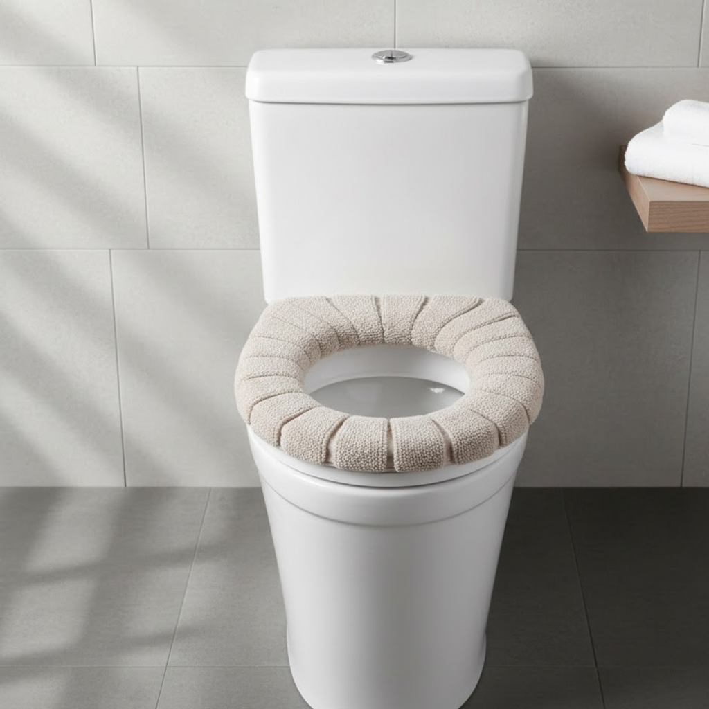 Plush Toilet Seat Cover in a serene white bathroom setting, offering warmth and comfort.