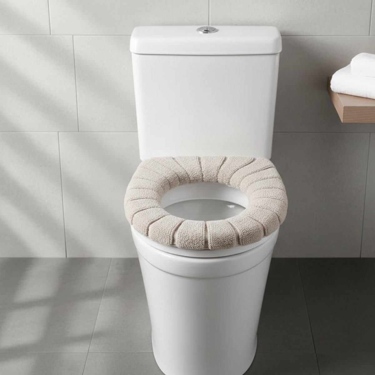 Plush Toilet Seat Cover in a serene white bathroom setting, offering warmth and comfort.