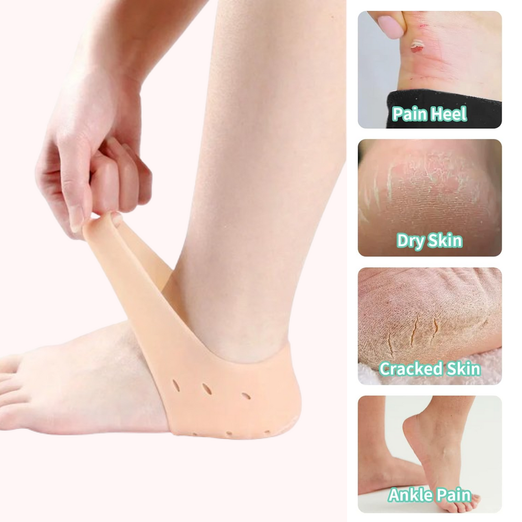 Diagram demonstrating the moisturizing effect of gel heel socks on dry skin.