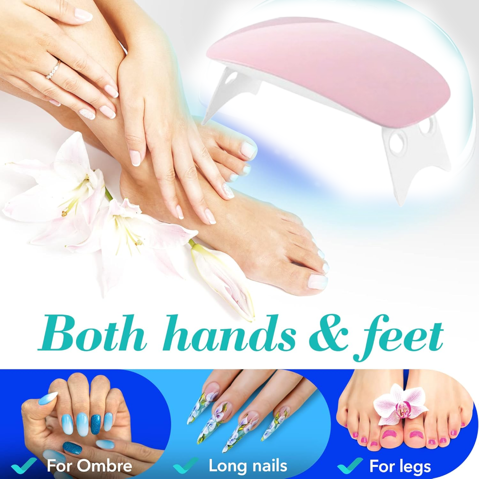 Close-up of the UV LED nail lamp with 45 and 60-second timer settings.