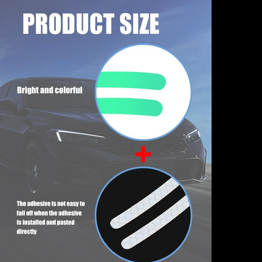 Detail shot of the multicolored reflective car wheel stickers catching light on a vehicle.