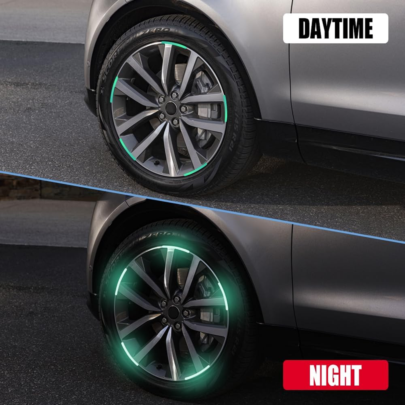 Pack of 20 multicolored reflective wheel stickers, ready for application.