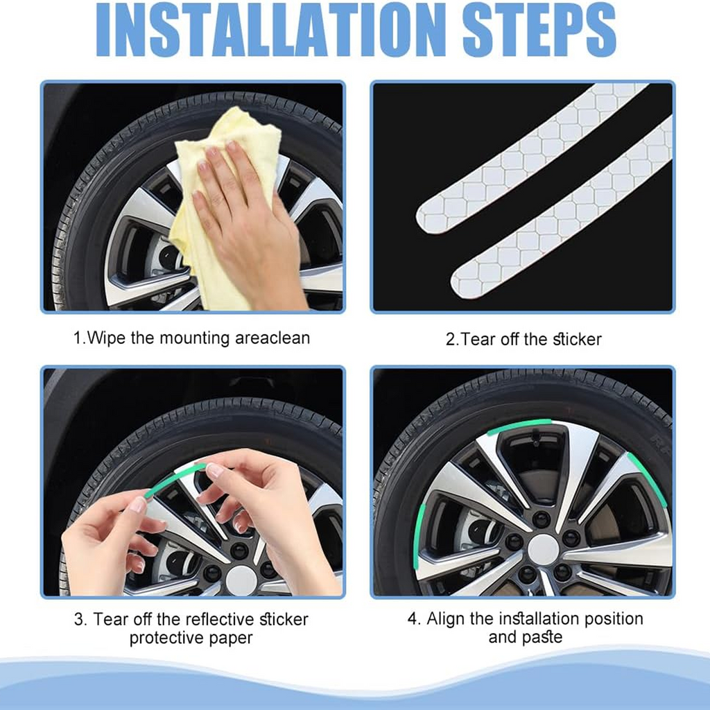 Reflective strips enhancing safety and style on a motorcycle wheel at night.