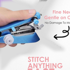 Person using the handheld mini sewing machine for a quick fabric repair.