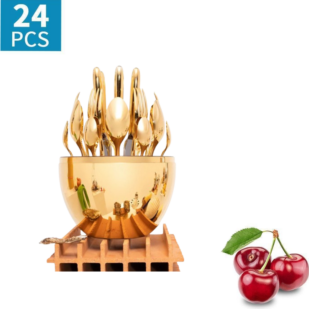 Full display of the elegant 24-piece golden cutlery set with its matching oval stand.