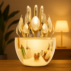 Unique oval-shaped golden stand designed for the premium cutlery set.